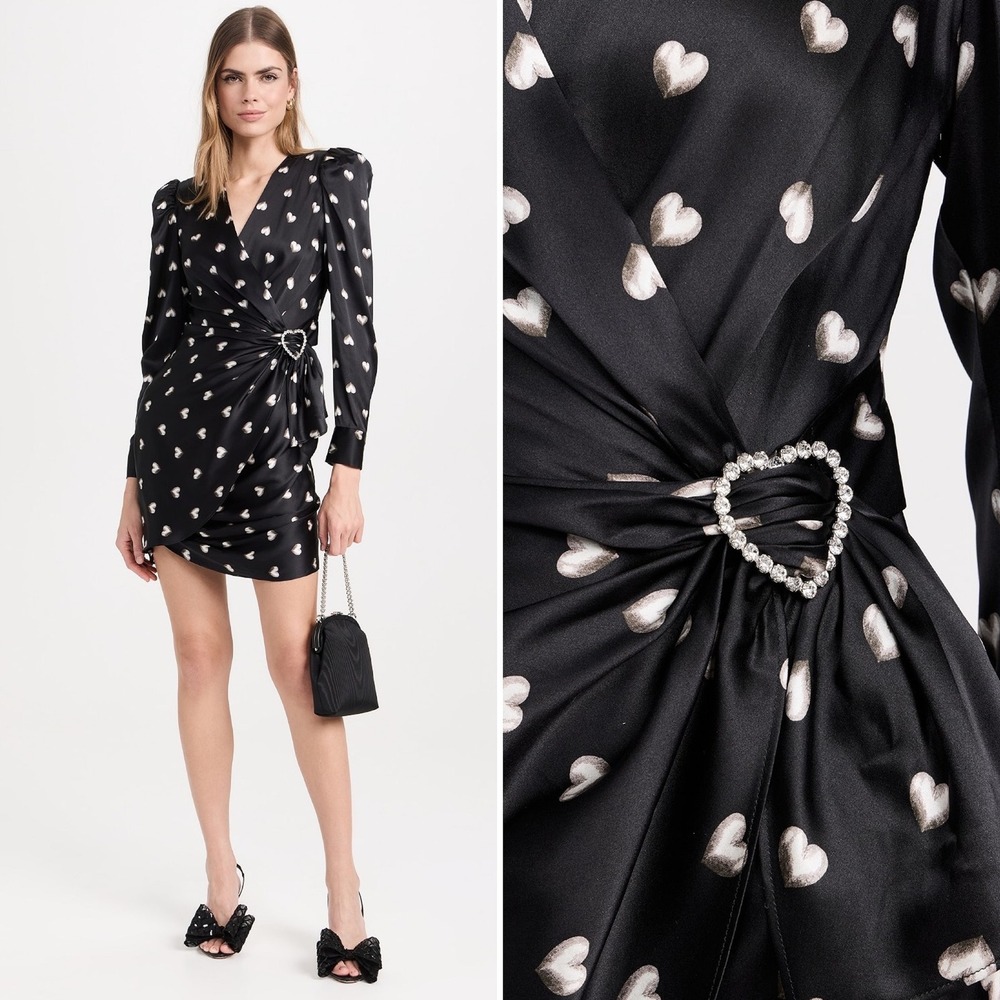 L'AGENCE Clarice Wrap Dress with Buckle Sz 2 Black Heart Print Silk Embellished